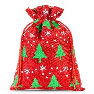 Jute gift bag with print (red / christmas tree)